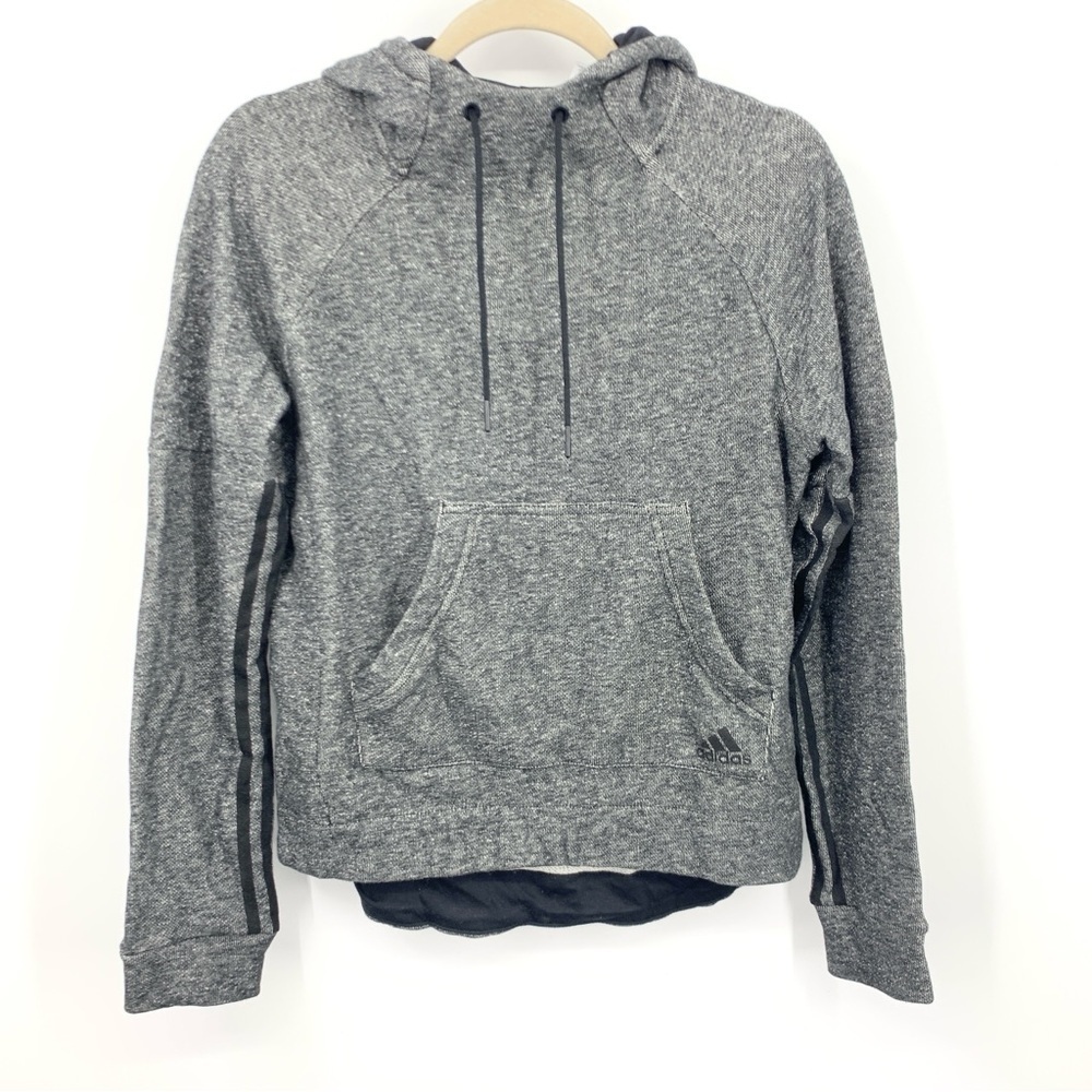 ADIDAS Women Size XS Hoodie‎ Sweatshirt Pullover Black Gray Top 3 Stripe